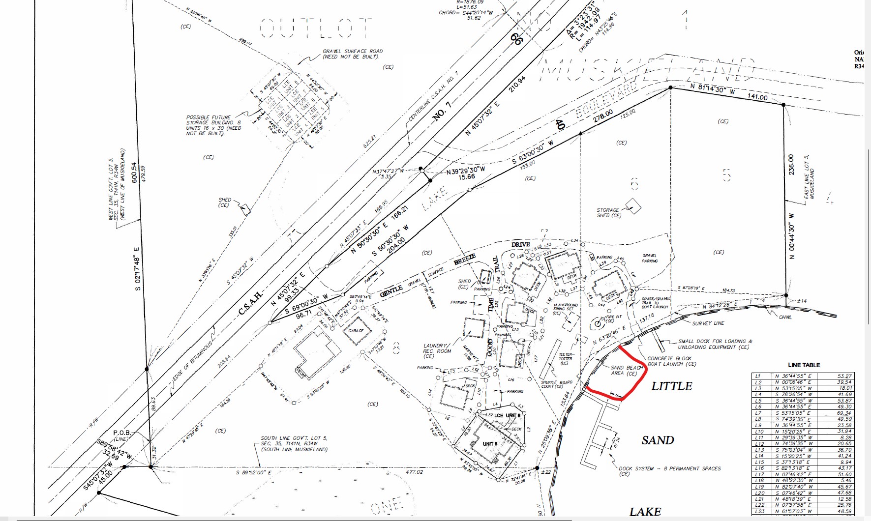 Little Sand Bay Villas beach groomer treatment area, outlined in red on the association's CIC plat